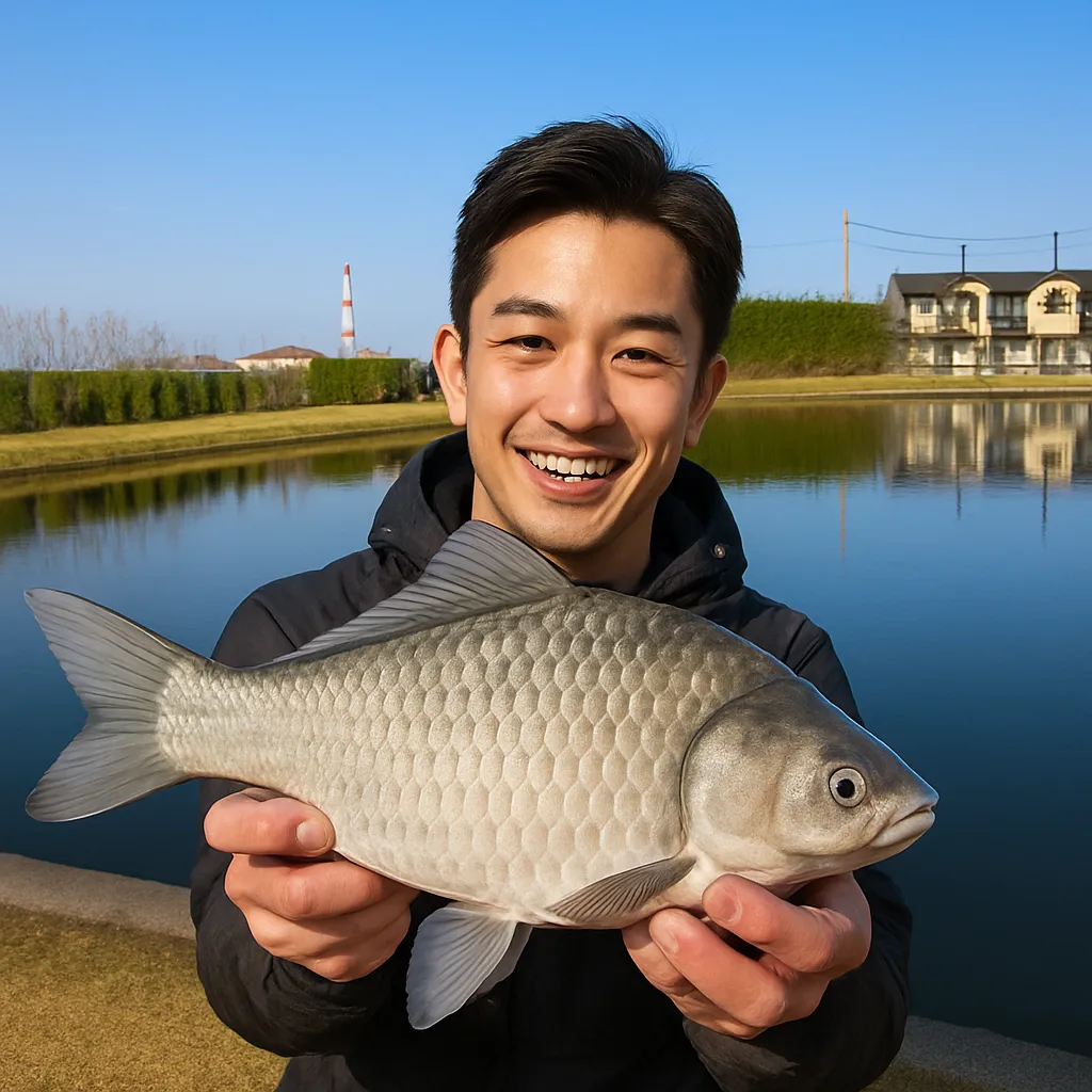 三国池でヘラブナの釣果を得た勝田.webp
