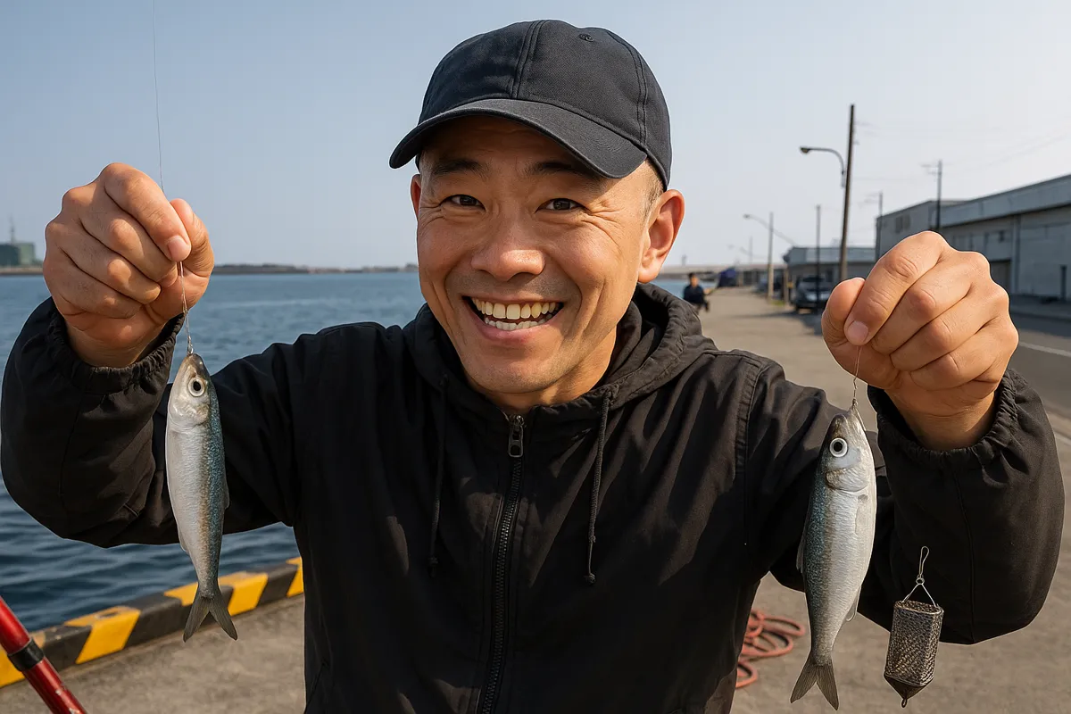 三崎港でイワシの釣果を得たがんだま君.webp