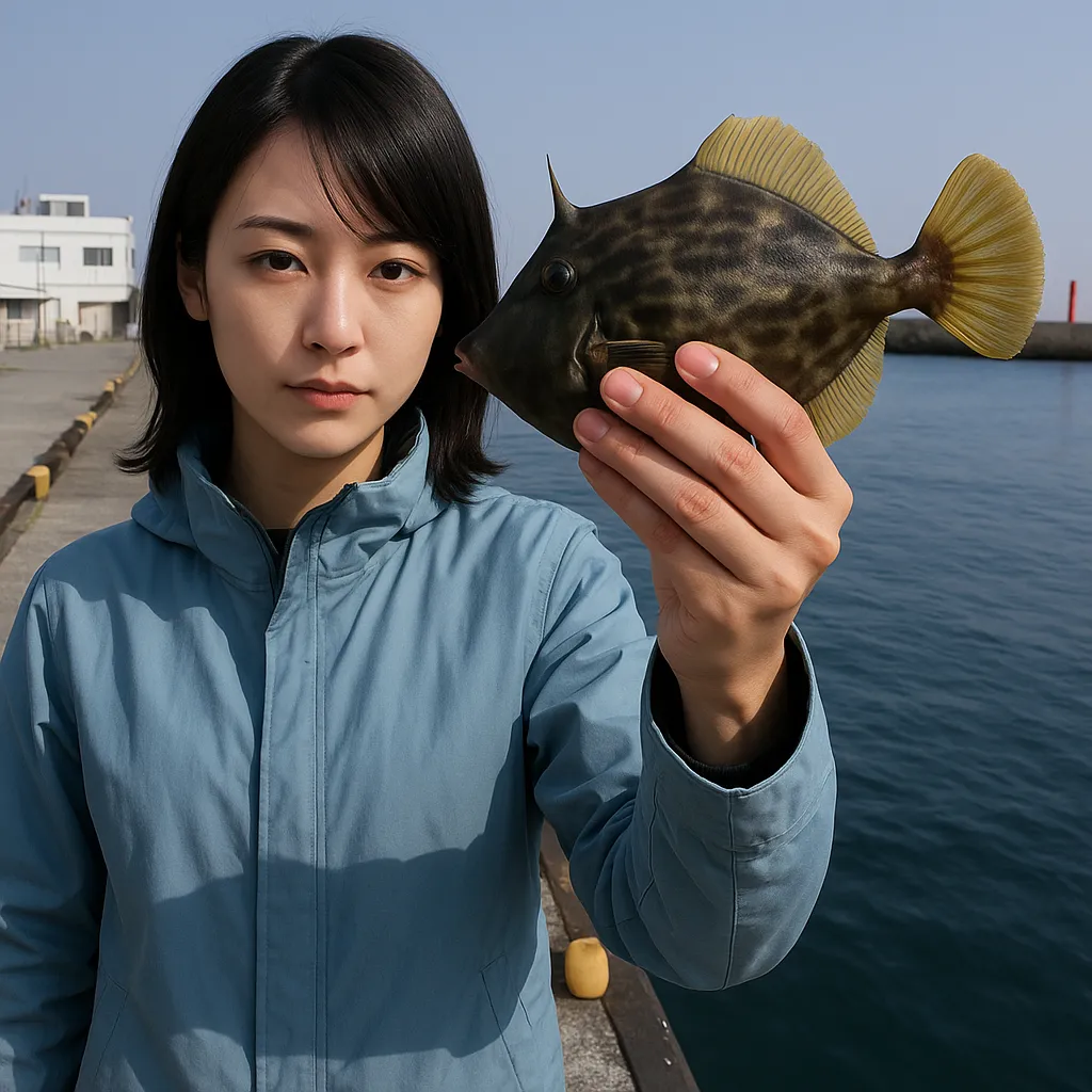 三崎港でカワハギの釣果を得た女性.webp
