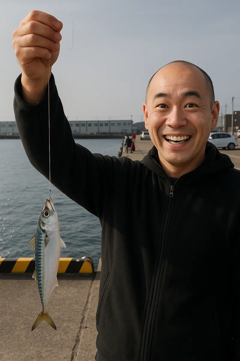三崎港でサバの釣果を得たがんだま君.webp