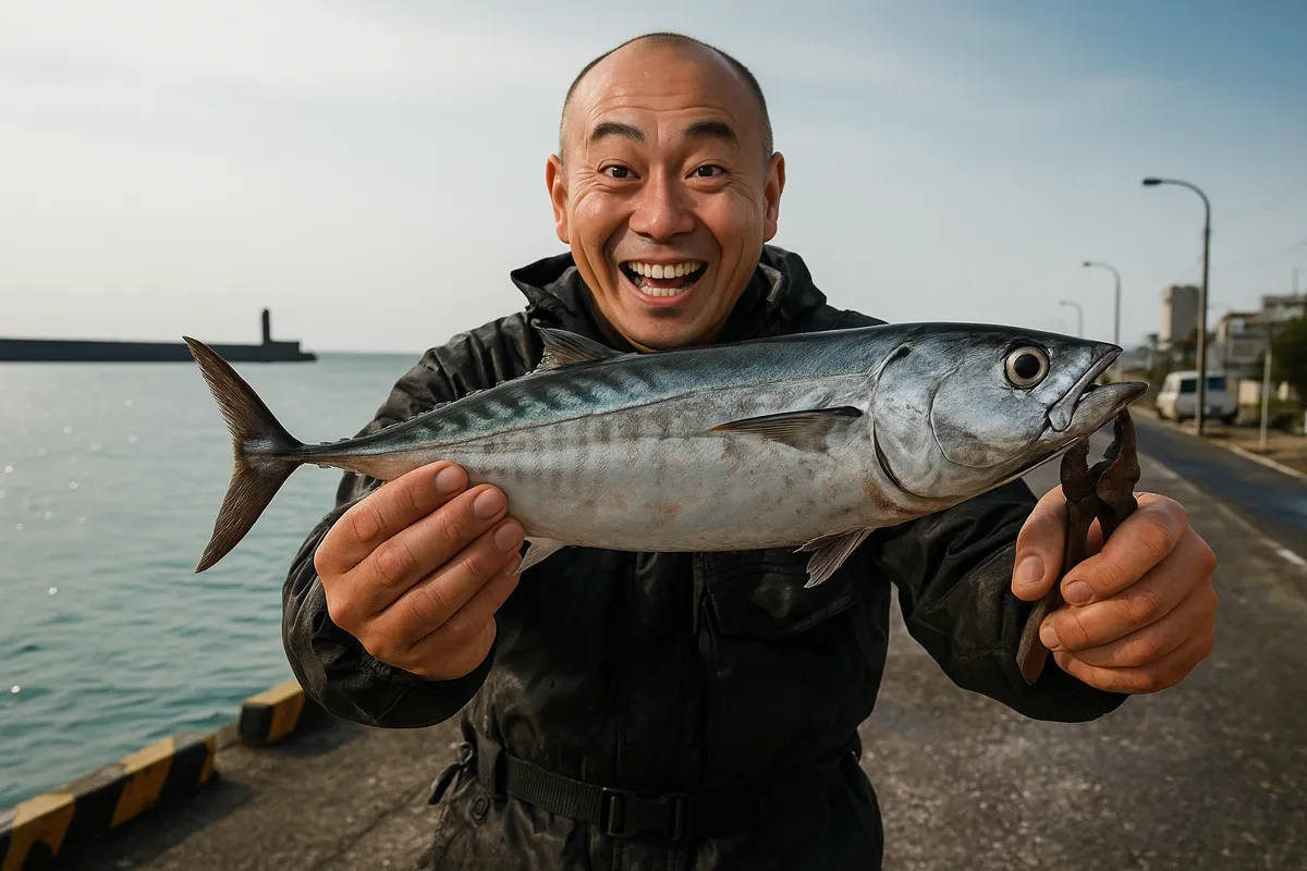 三崎港でソウダガツオの釣果を得たがんだま君.webp
