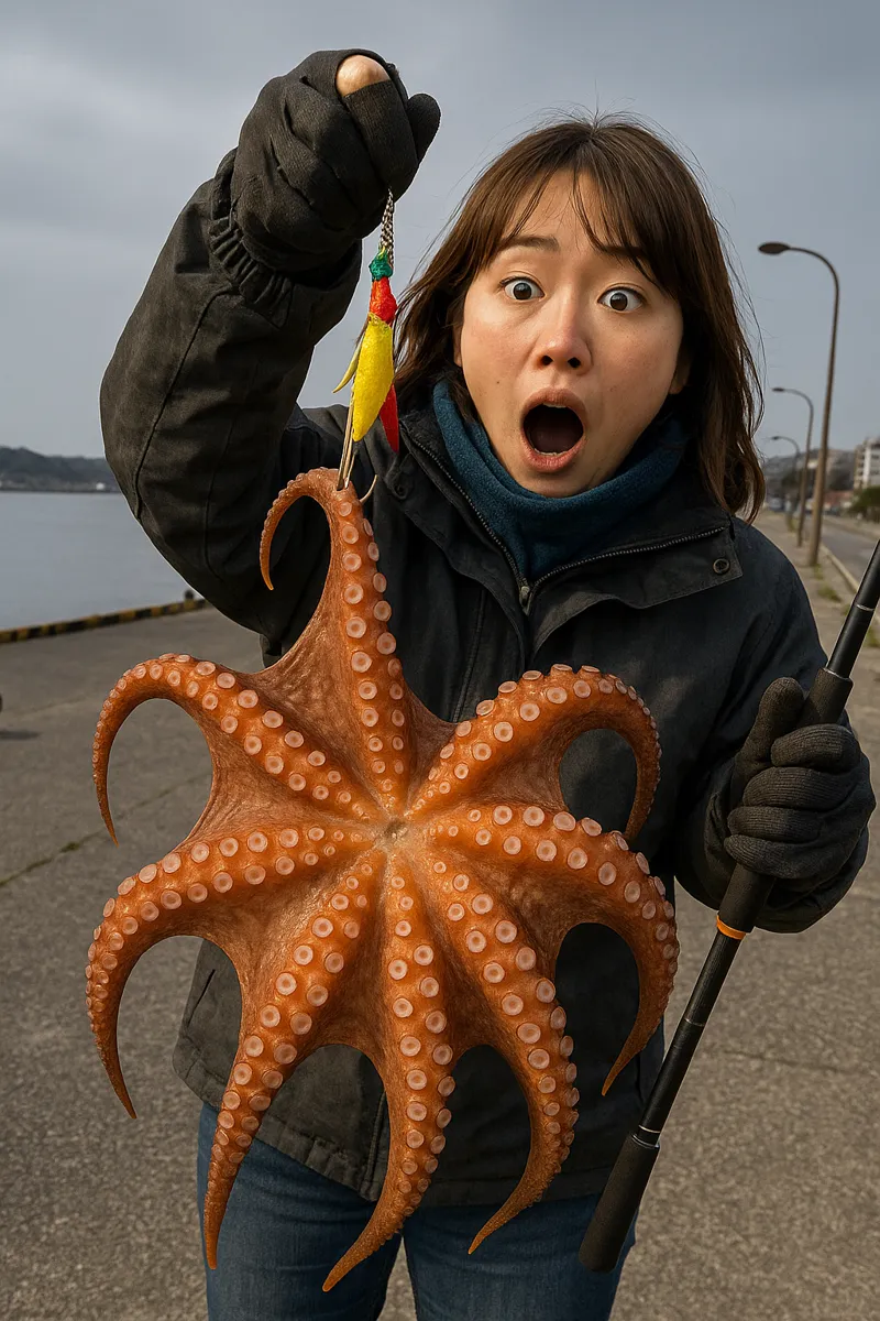 三崎港でタコの釣果を得た女性.webp