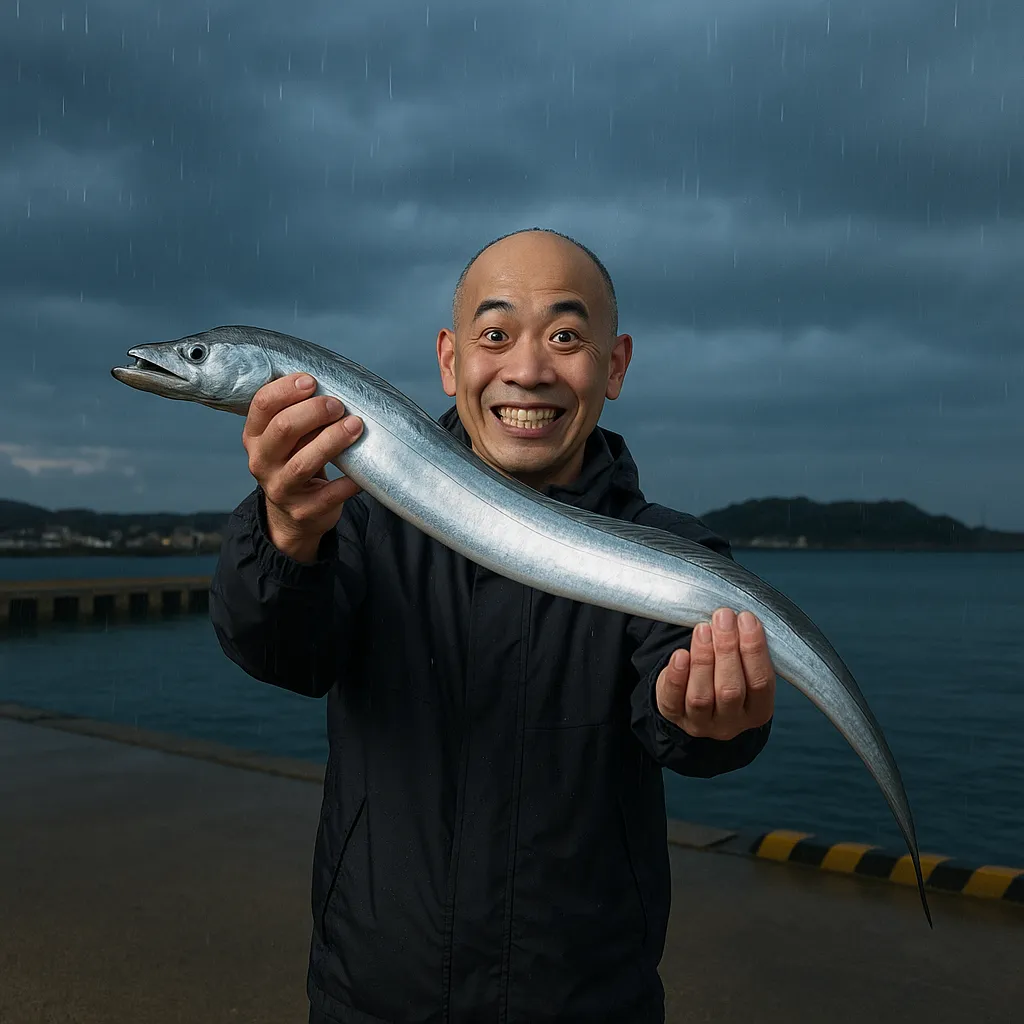 三崎港でタチウオの釣果を得たがんだま君.webp