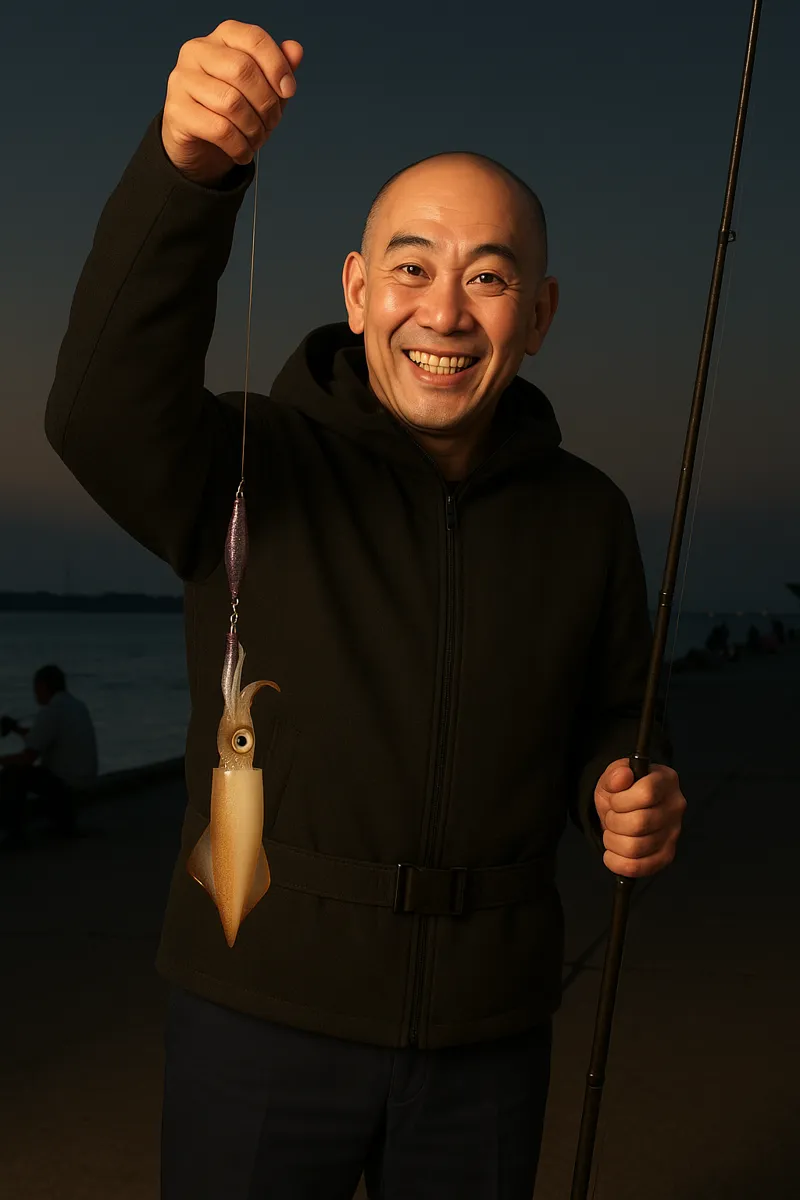 三崎港でヒイカの釣果を得たがんだま君.webp