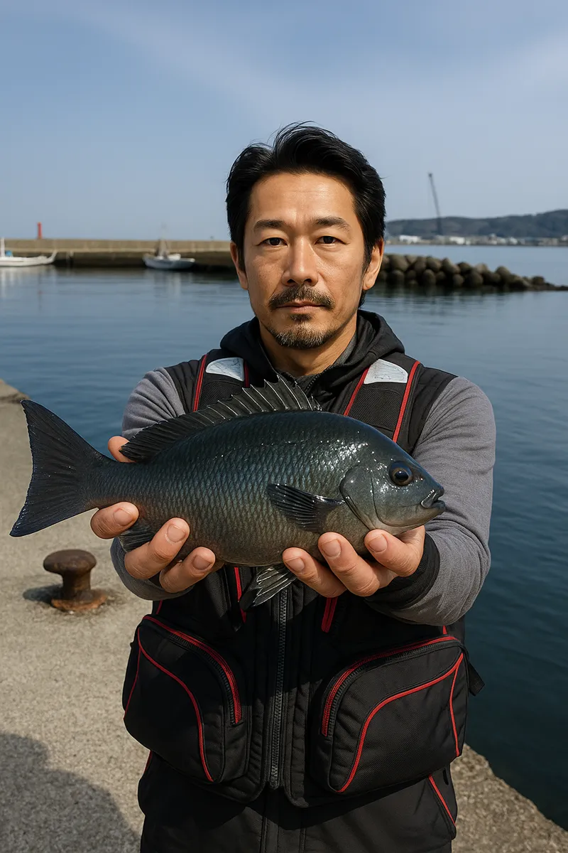 三崎港でメジナの釣果を得た佐々木.webp