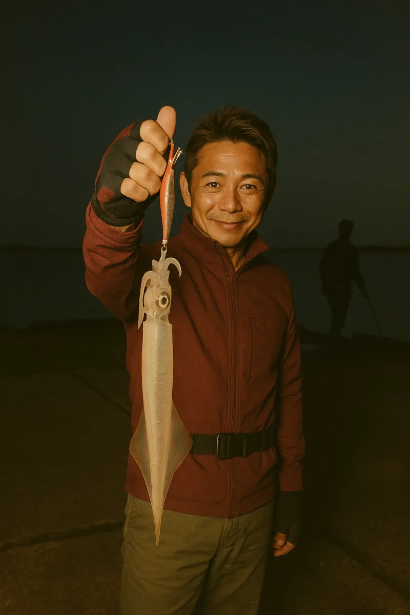 三崎港でヤリイカの釣果を得た亀岡.webp