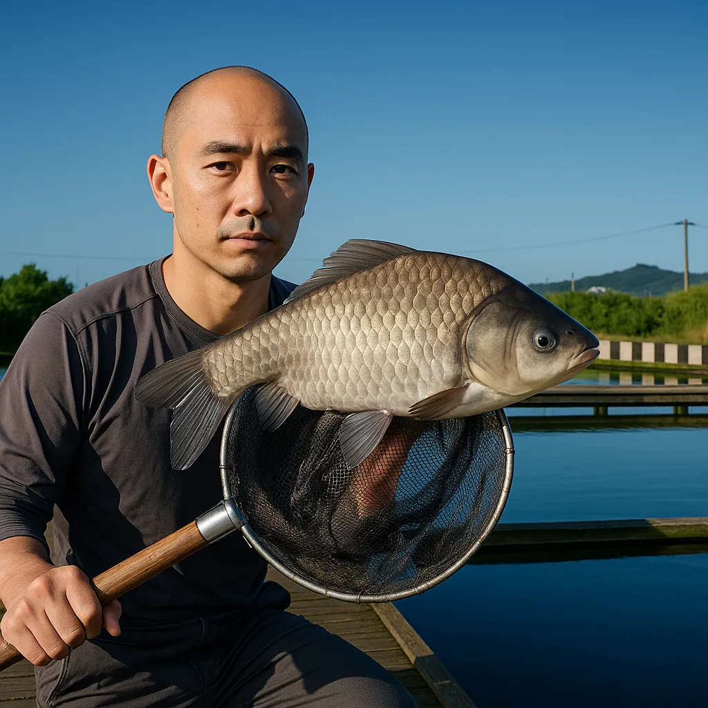 三川フィッシュパークでヘラブナの釣果を得たがんだま君.webp