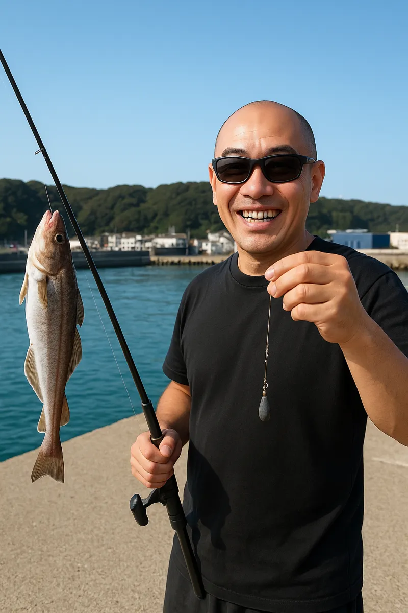 三石漁港でコマイの釣果を得たがんだま君.webp