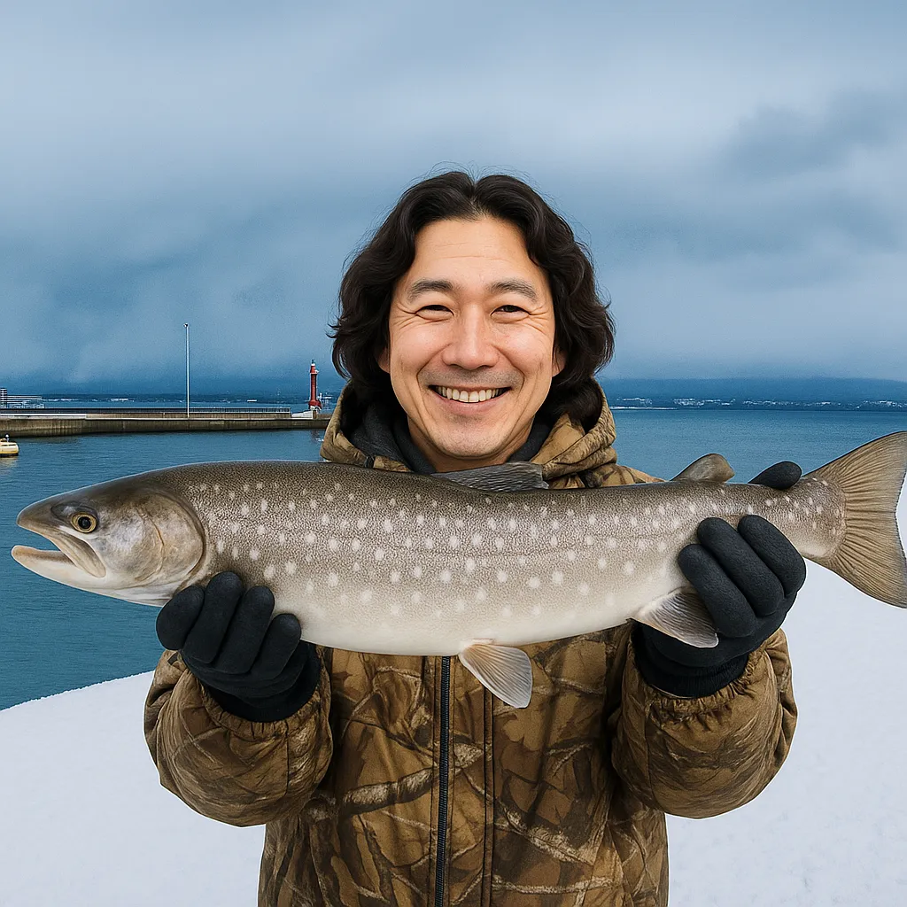 上磯漁港でアメマスの釣果を得た岸本.webp