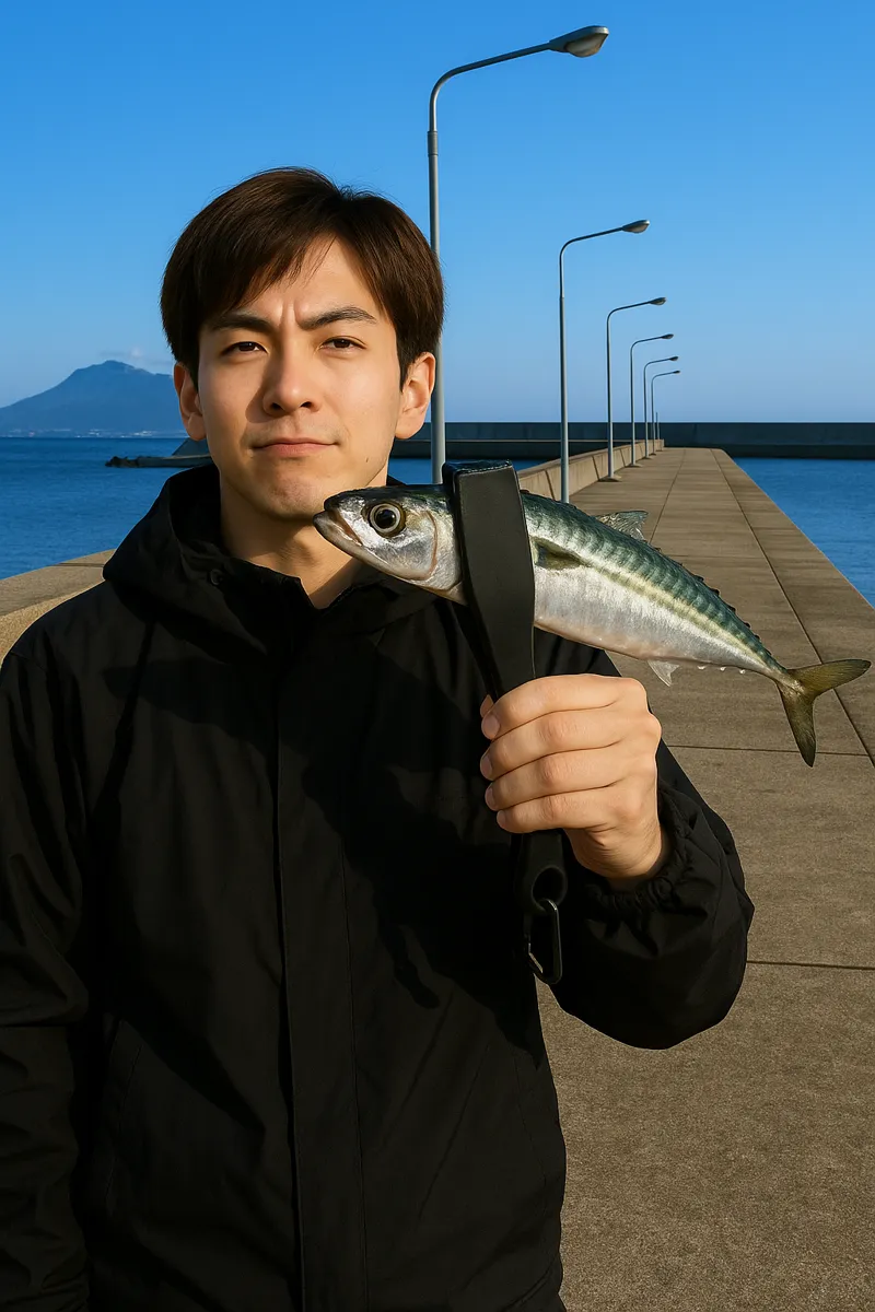 上磯漁港でサバの釣果を得た男性.webp
