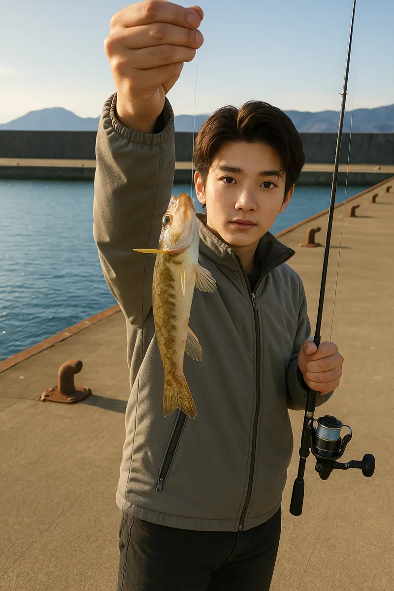 上磯漁港でハゼの釣果を得た男性.webp