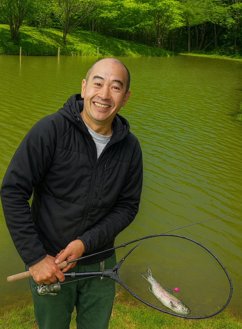 下仁田フィッシングパークでニジマスの釣果を得たがんだま君.webp