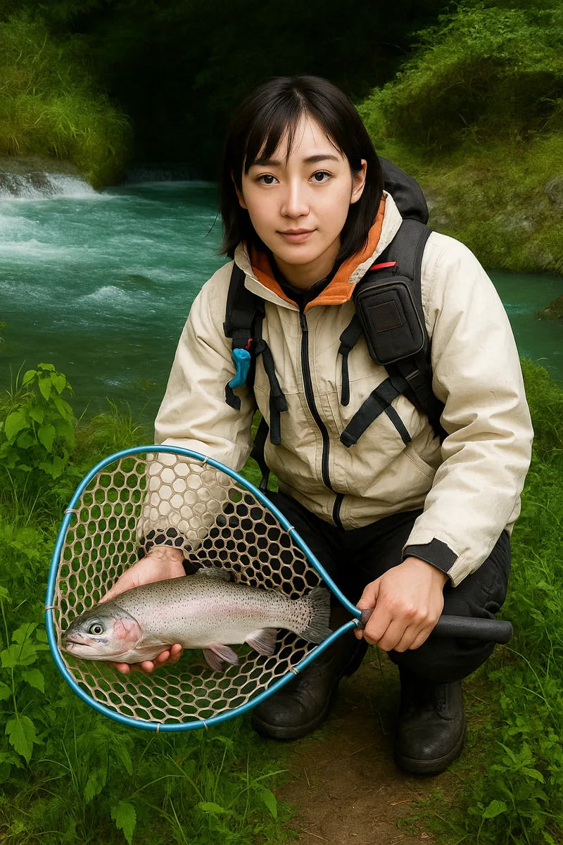 中津川でニジマスの釣果を得た女性.webp