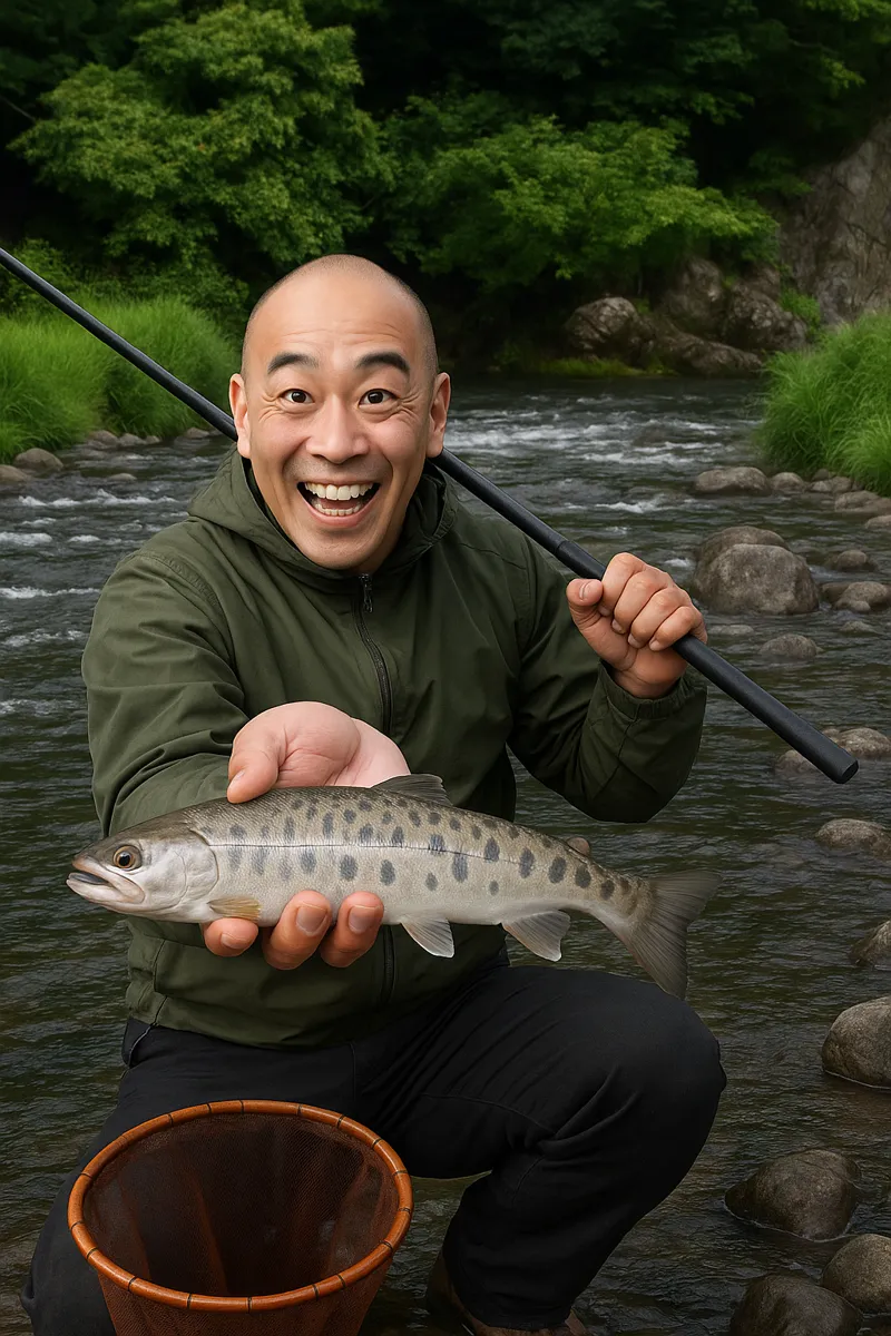 中津川でヤマメの釣果を得たがんだま君.webp