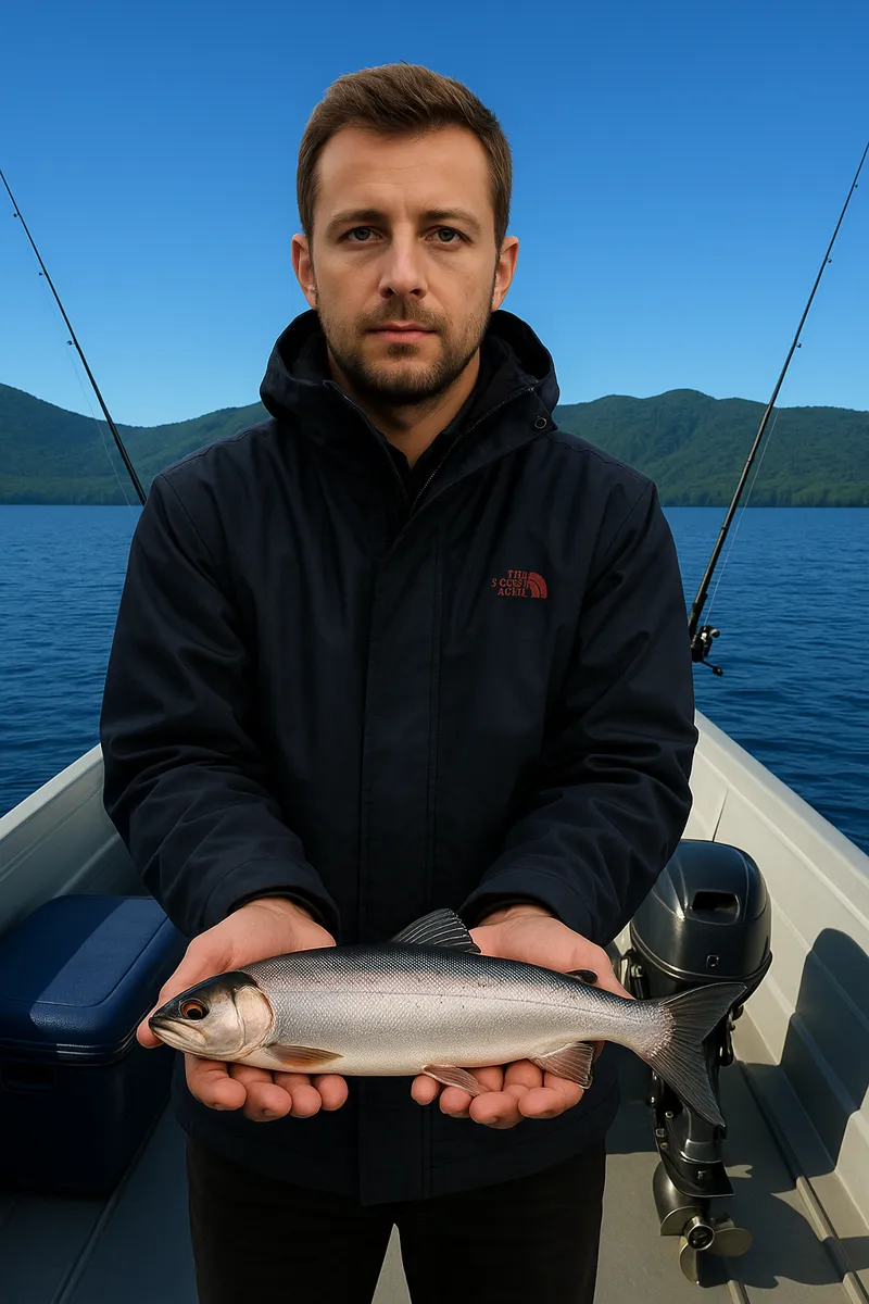 中禅寺湖でヒメマスの釣果を得た男性.webp