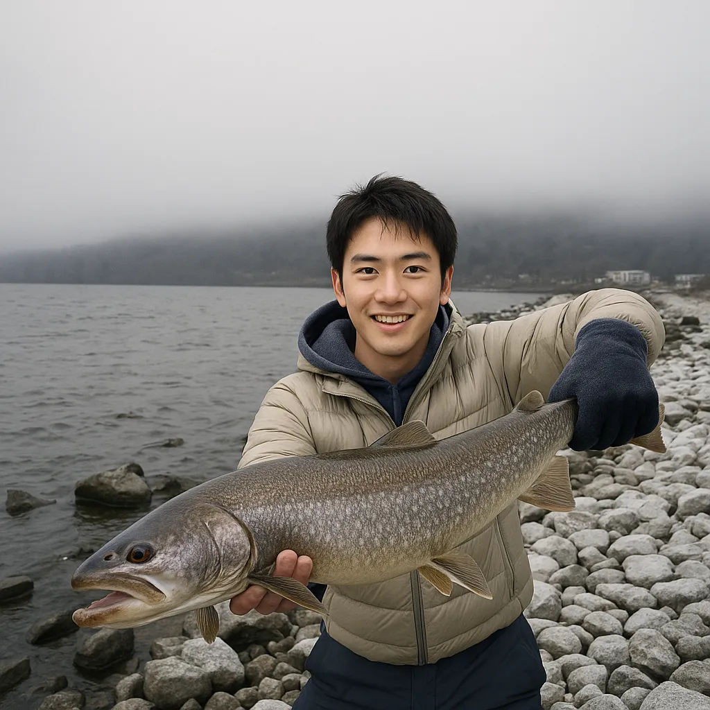 中禅寺湖でレイクトラウトの釣果を得た新崎.webp
