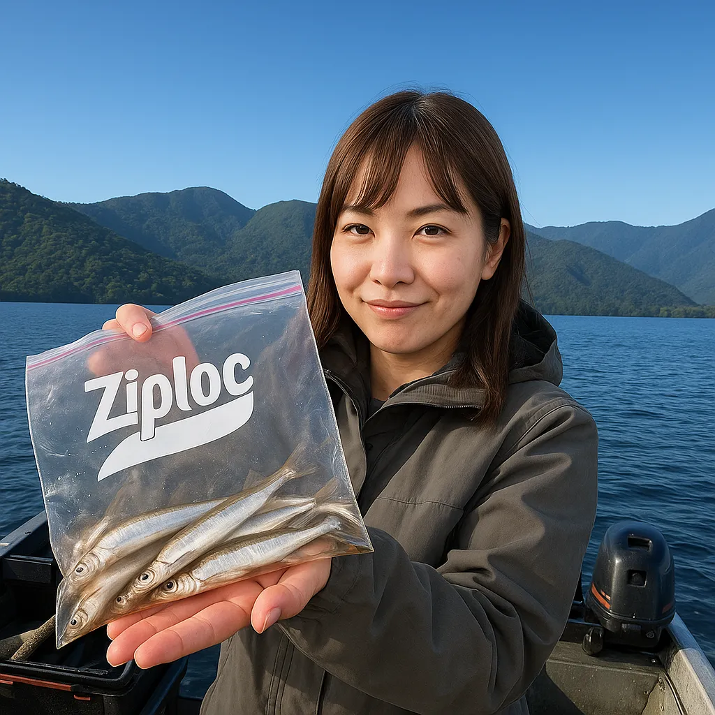 中禅寺湖でワカサギの釣果を得た女性.webp