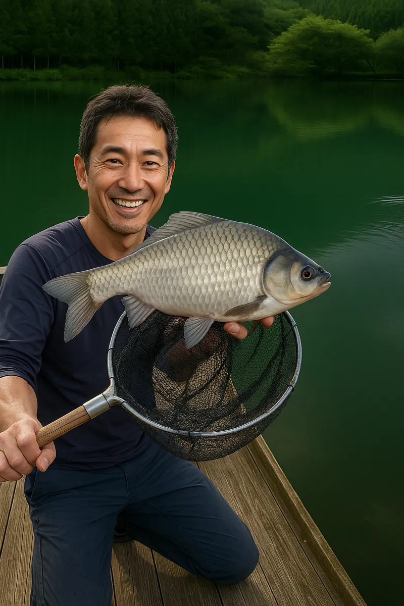 中綱湖でヘラブナの釣果を得た勝田.webp