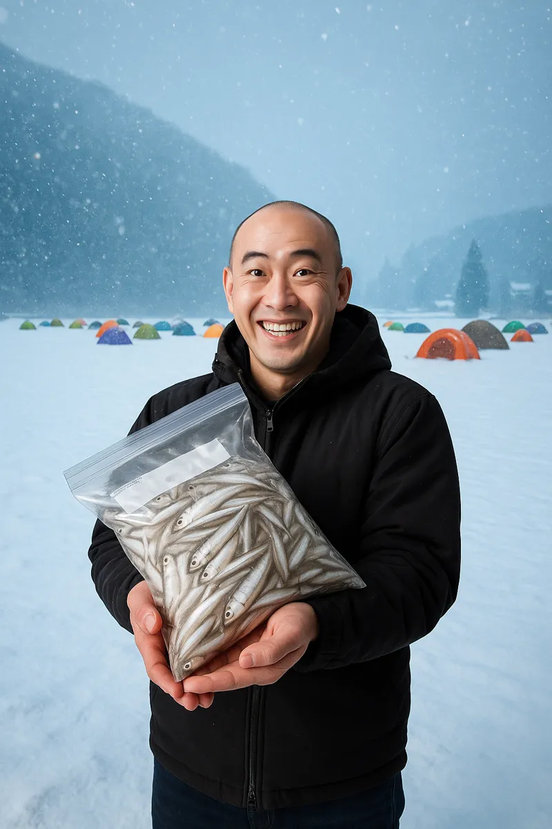 中綱湖でワカサギの釣果を得たがんだま君.webp