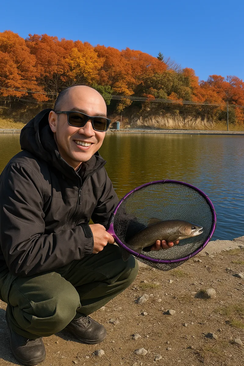 中里フィッシングクラブでイワナの釣果を得たがんだま君.webp