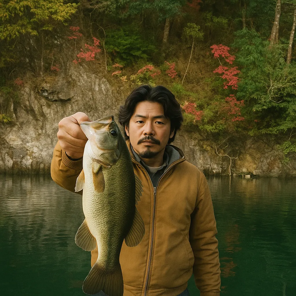 丹沢湖でブラックバスの釣果を得た男性.webp