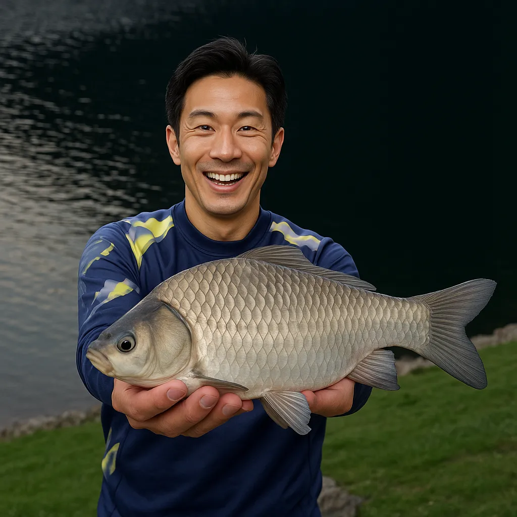 丹沢湖でヘラブナの釣果を得た勝田.webp