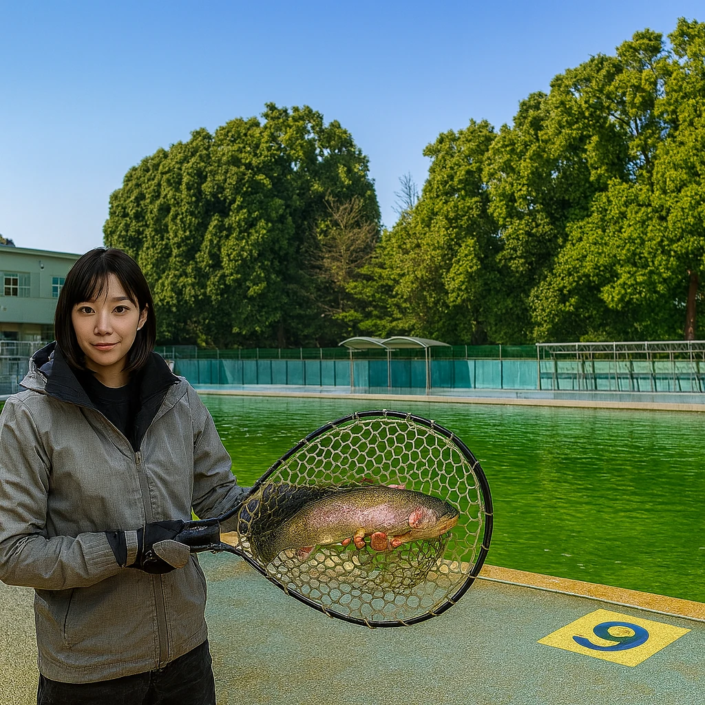 久宝寺緑地プールでニジマスの釣果を得た女性.webp