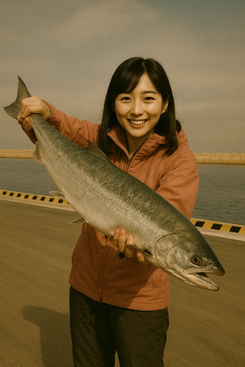 乙忠部漁港でサケの釣果を得た黒川.webp