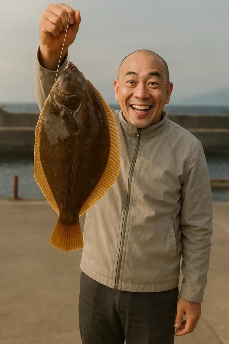 乙部漁港でマコガレイの釣果を得たがんだま君.webp
