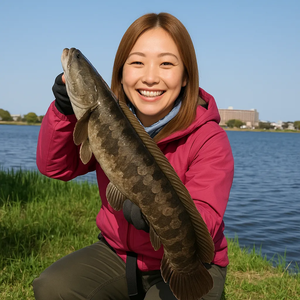伊佐沼でライギョの釣果を得た女性.webp