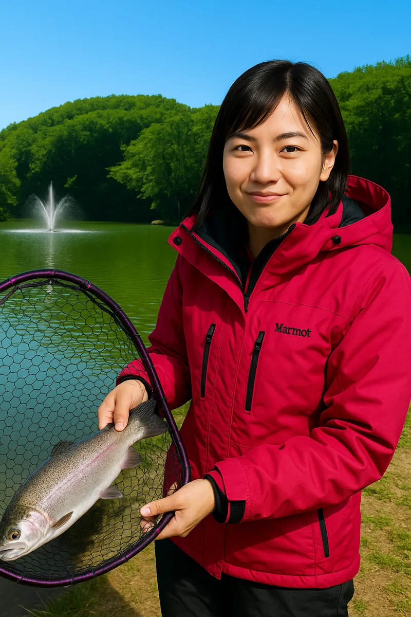 伊古の里でニジマスの釣果を得た女性.webp