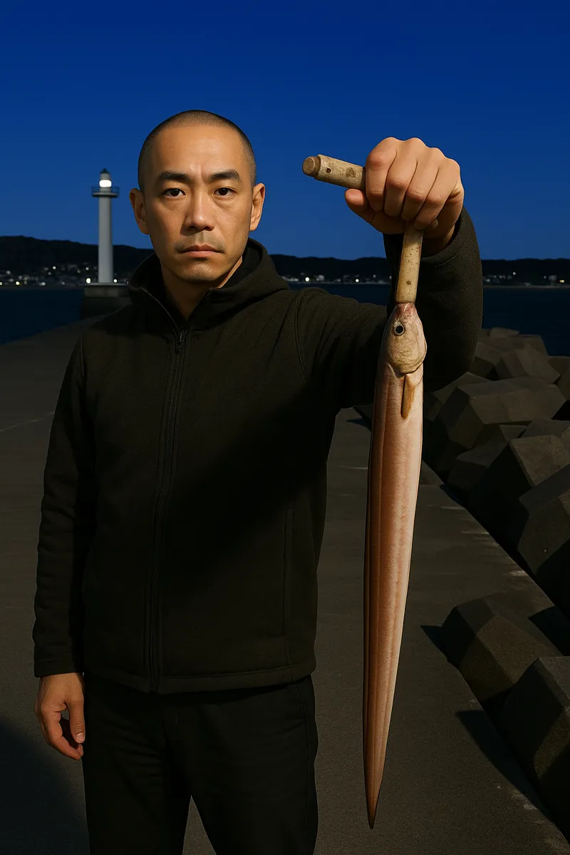 伊達漁港でハモの釣果を得たがんだま君.webp