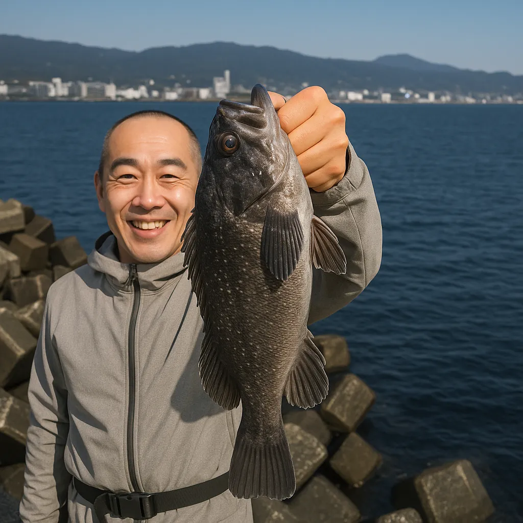 住吉漁港でクロソイの釣果を得たがんだま君.webp