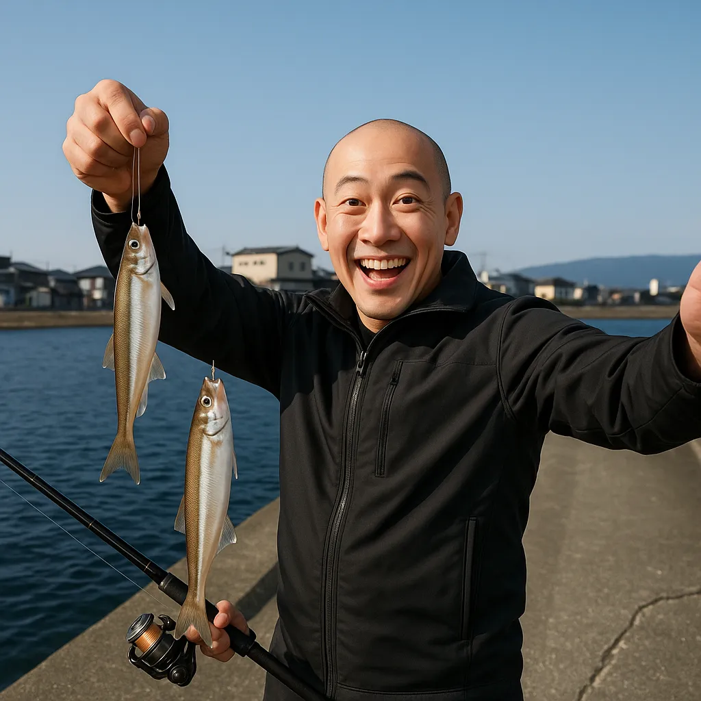 住吉漁港でチカの釣果を得たがんだま君.webp
