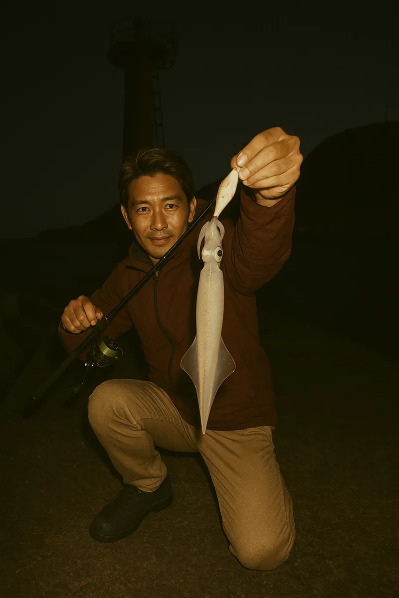 住吉漁港でヤリイカの釣果を得た亀岡.webp