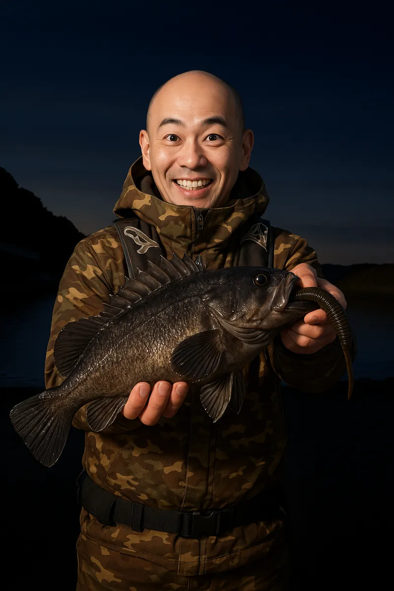 余別漁港でクロソイの釣果を得たがんだま君.webp
