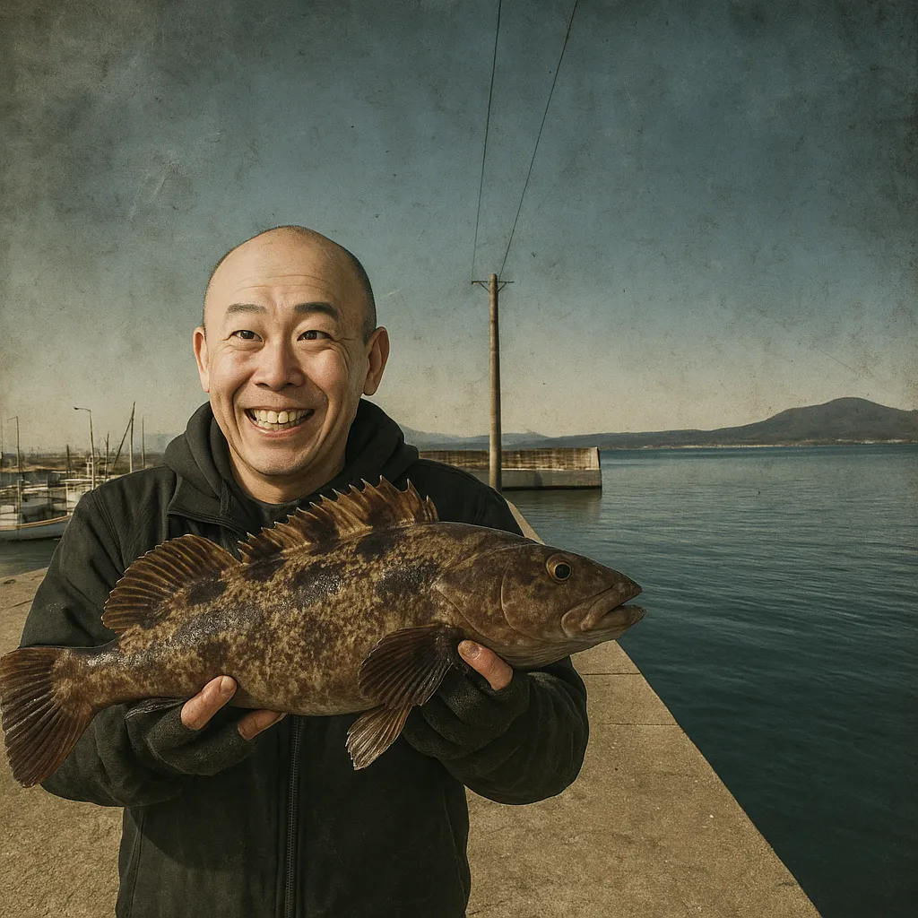 余市港でアブラコの釣果を得たがんだま君.webp