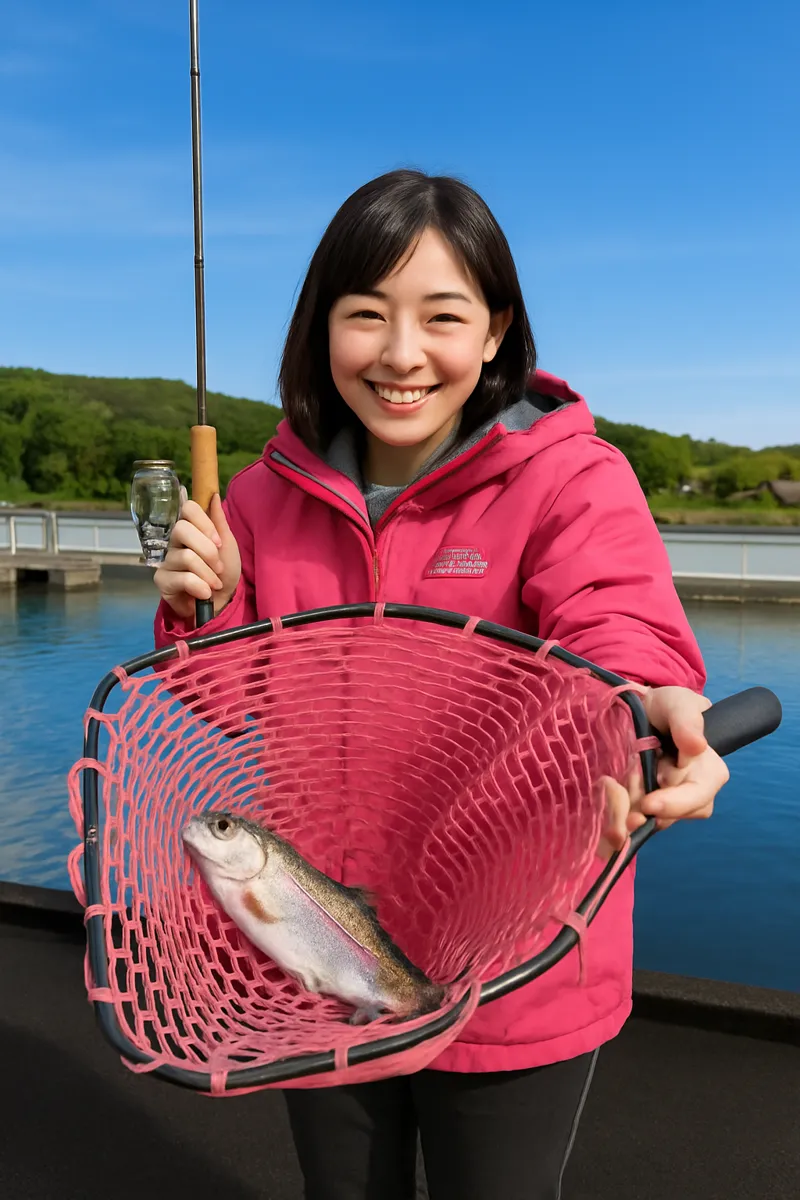元田養鱒場でニジマスの釣果を得た黒川.webp