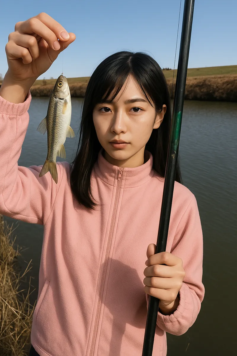 入間川でオイカワの釣果を得た女性.webp