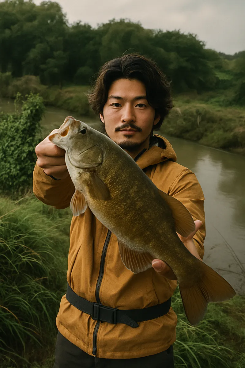 入間川でブラックバスの釣果を得た澤田.webp