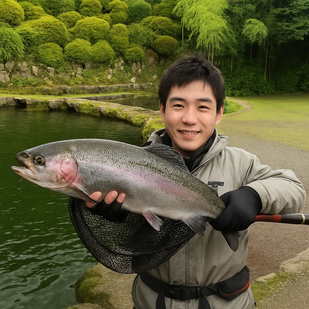 八丁堀でニジマスの釣果を得た新崎.webp