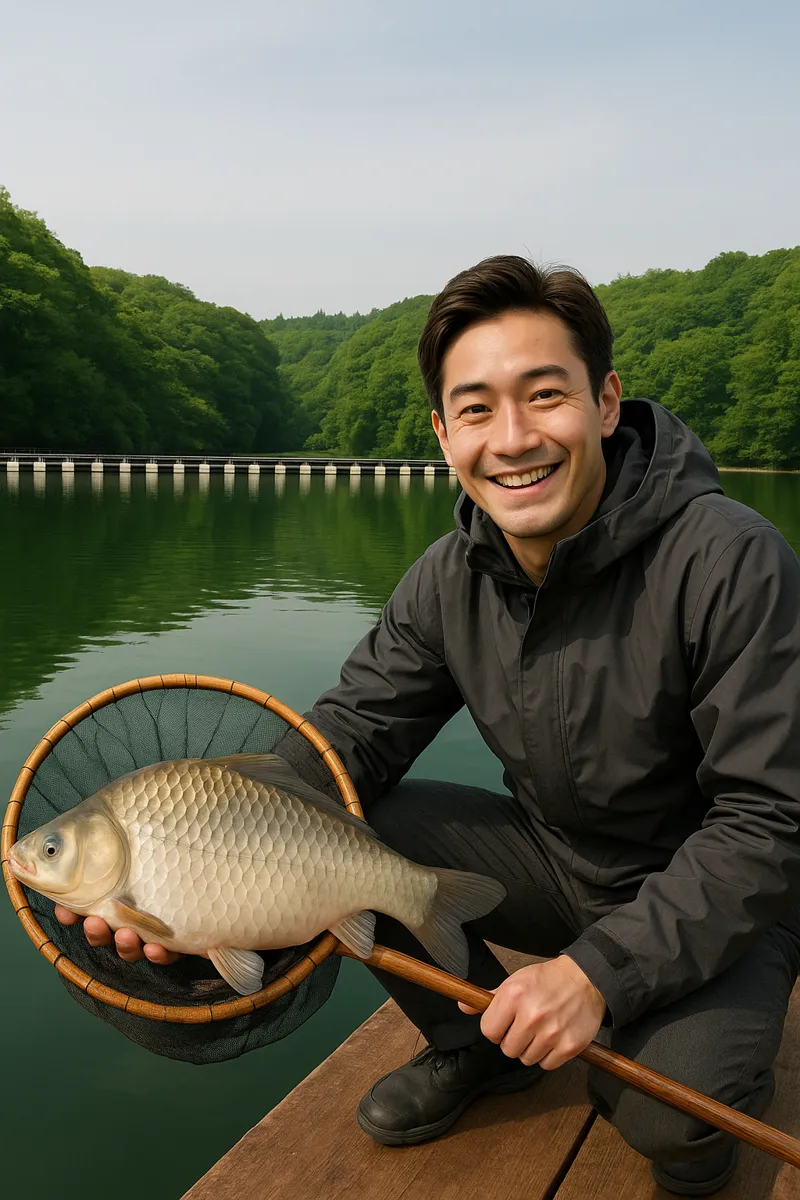 円良田湖でヘラブナの釣果を得た勝田.webp