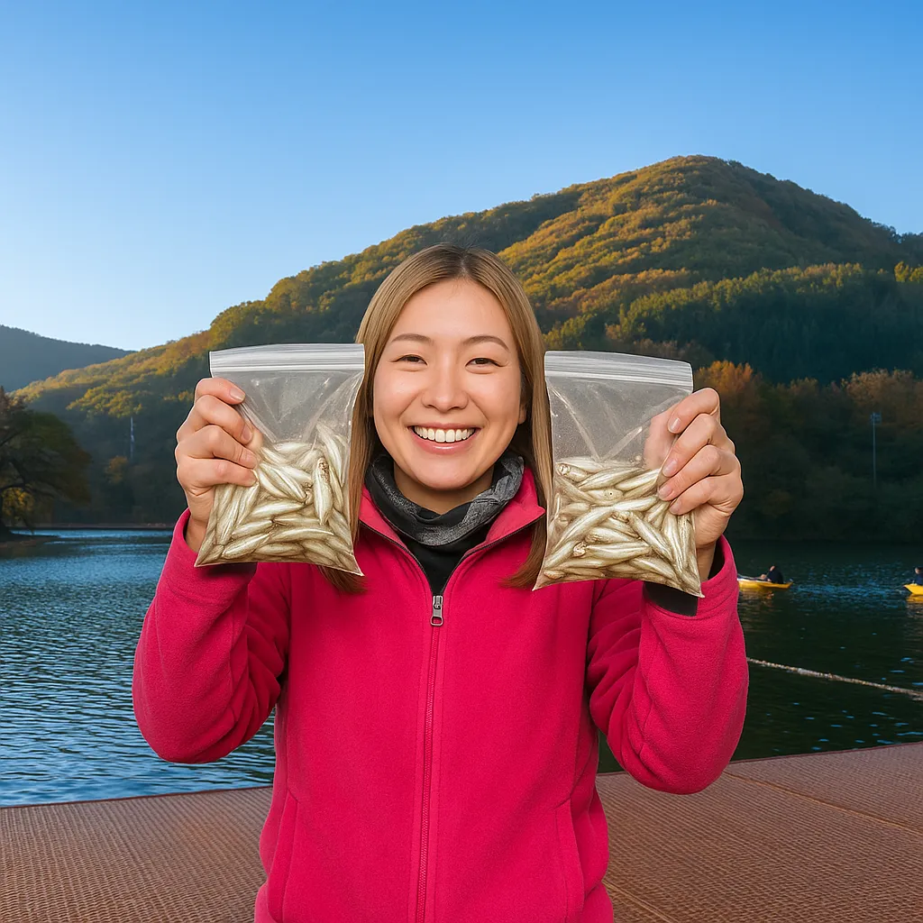 円良田湖でワカサギの釣果を得た女性.webp