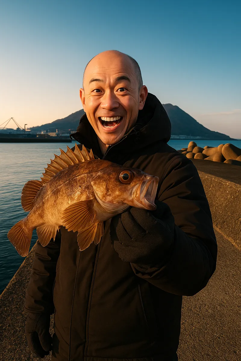 函館港でガヤの釣果を得たがんだま君.webp