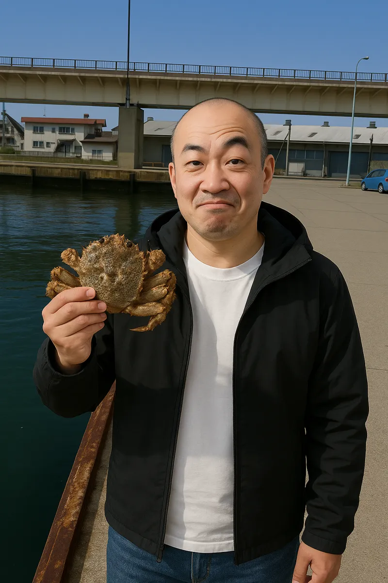 函館港でクリガニの釣果を得たがんだま君.webp