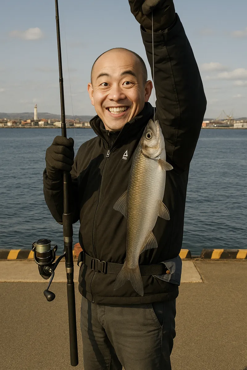 函館港でニシンの釣果を得たがんだま君.webp