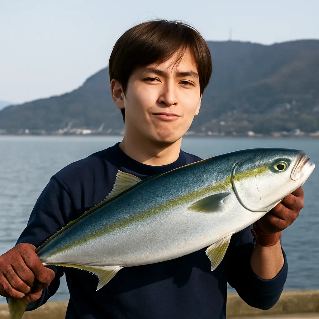 函館港でブリの釣果を得た男性.webp