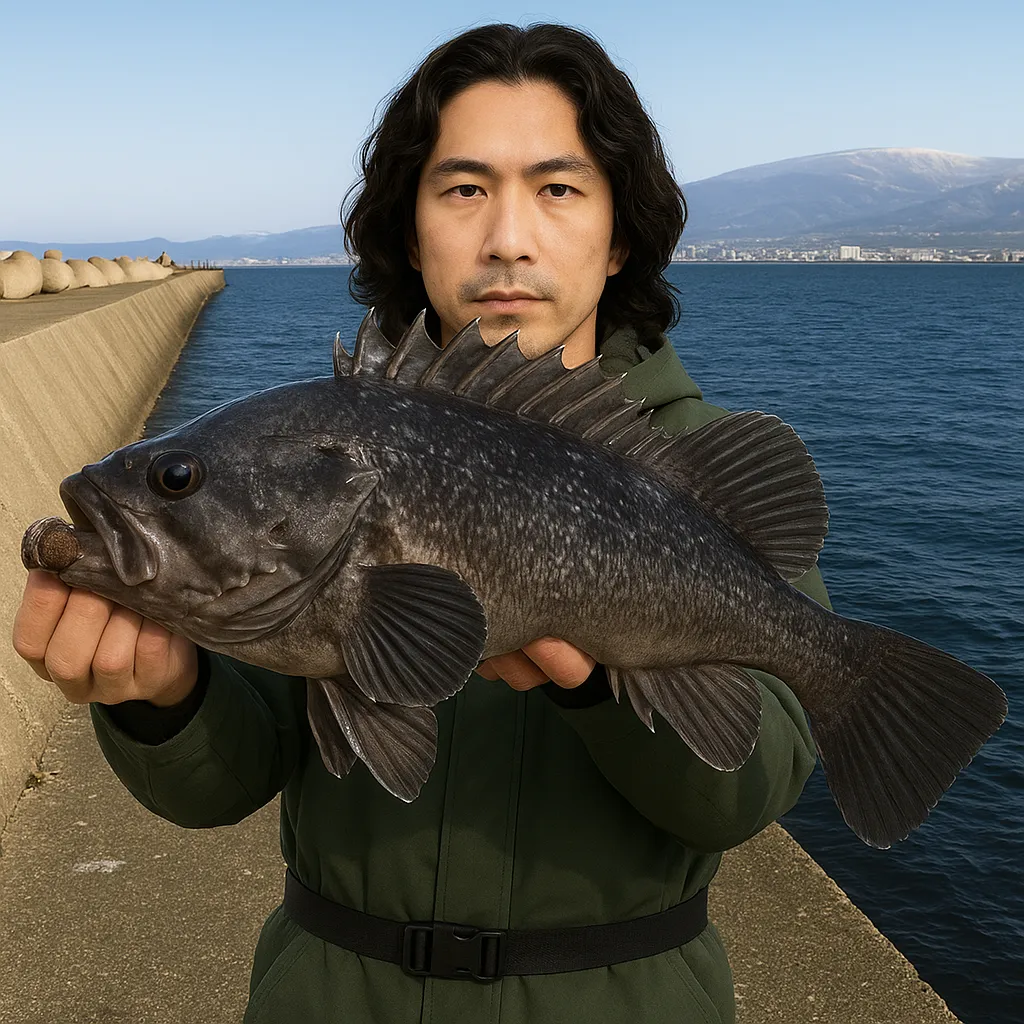 函館港沖堤防でクロソイの釣果を得た岸本.webp