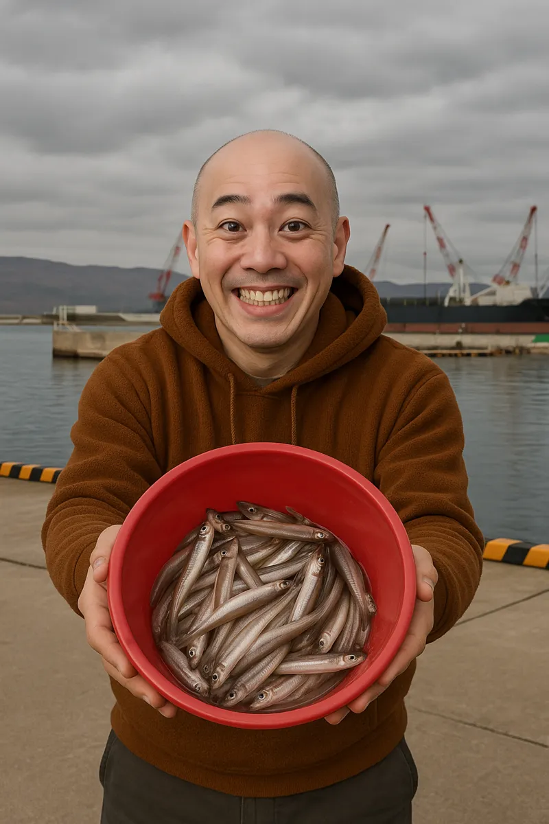 函館漁港でチカの釣果を得たがんだま君.webp