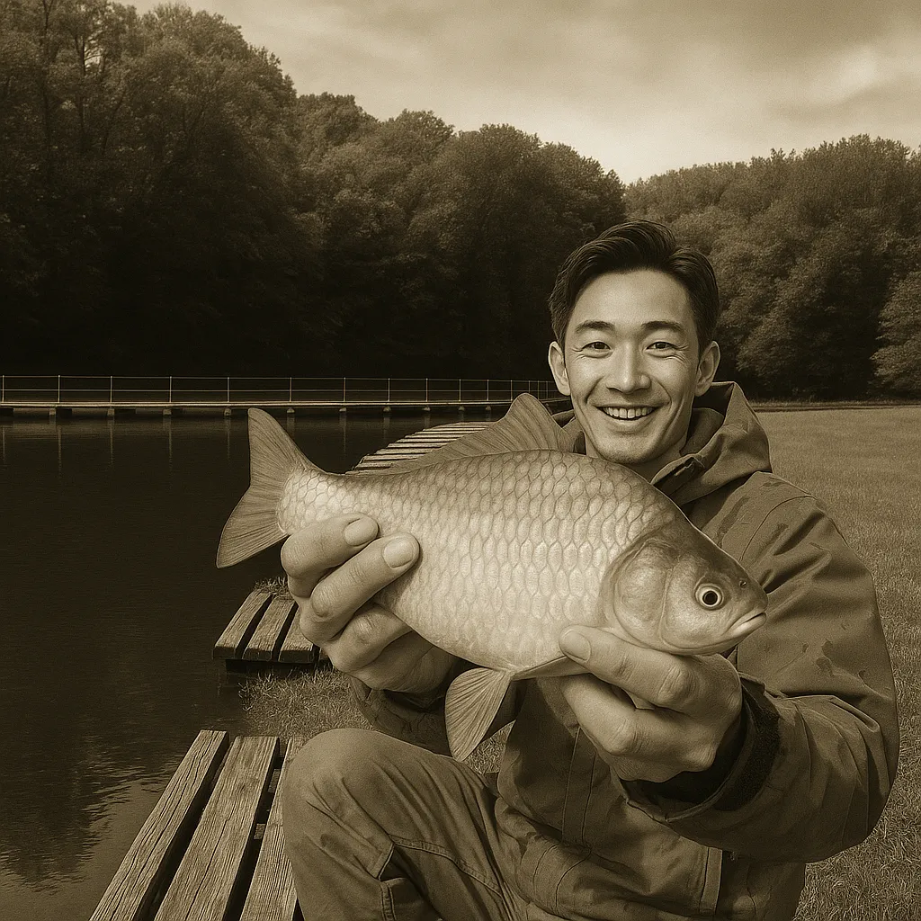 前山の池でヘラブナの釣果を得た勝田.webp